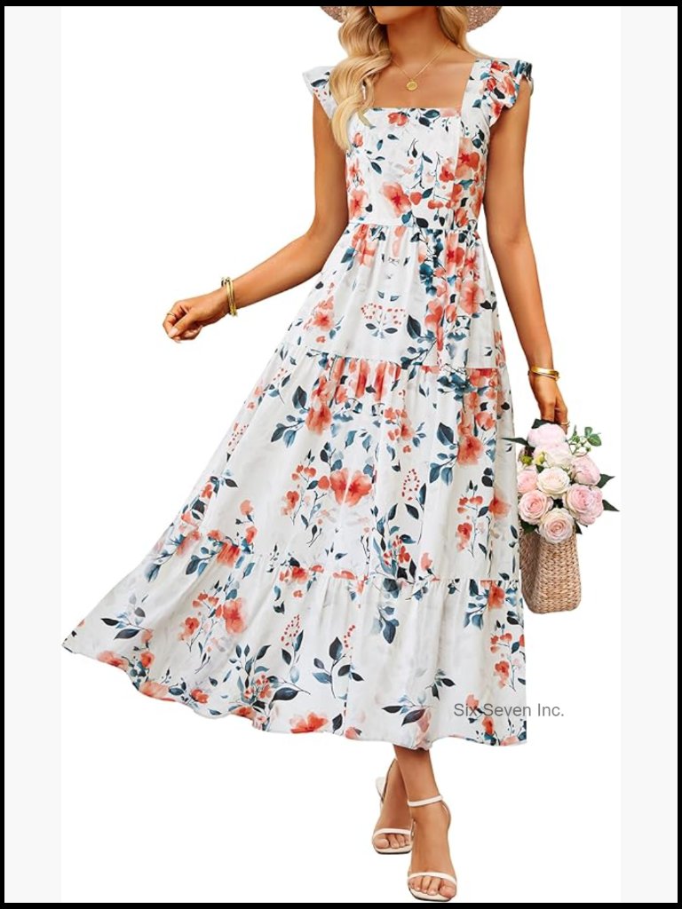 Polyester Midi Dress With Ruffle Cap Sleeves And Pockets